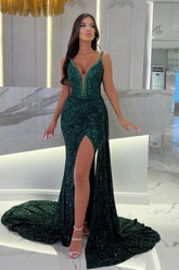 Floor-Length Dark Green Straps Sweetheart Column Split Front Prom Evening Dresses with Sequins